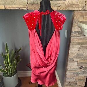 Valentine’s Day Silk Velvet Backless Slip Dress Cocktail Party Indie Pink Red L